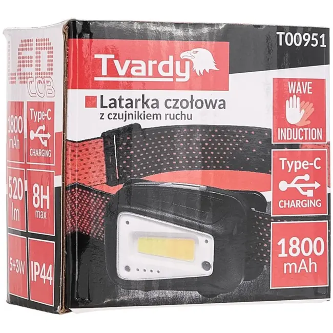 Tvardy Hoofdlamp met bewegingssensor - 8W LED - 520 lumen - IP44 - USB-C oplaadbaar - Verstelbare hoofdband