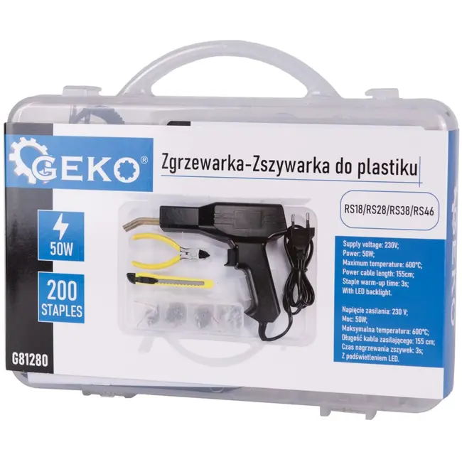 GEKO Plastic laspistool set - 50W - veelzijdig - inclusief 200 nietjes - LED verlichting