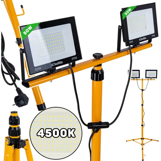Keltin LED bouwlamp - telescopisch statief - 2x50W - neutraal wit 4500K - verstelbare hoogte 60-160 cm
