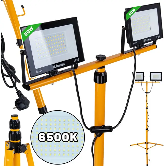Keltin LED bouwlamp - verstelbare telescoopstandaard - koel wit 6500K - 2x50W - IP66 bescherming