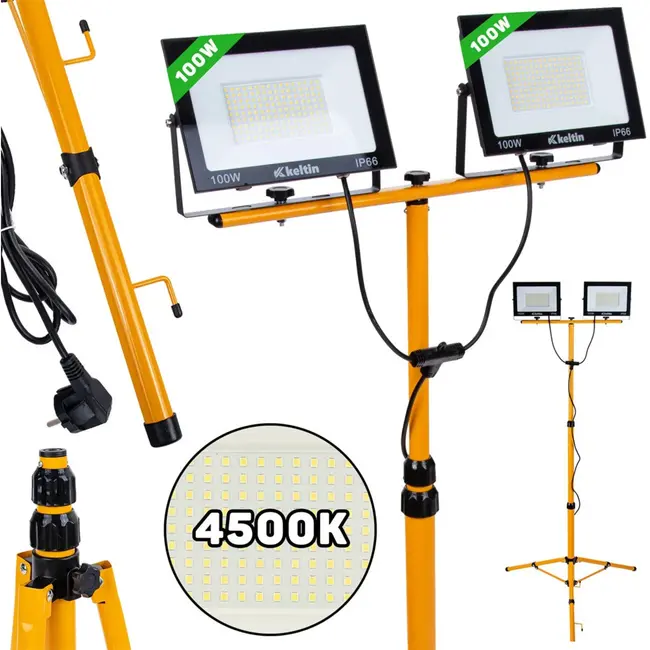 Keltin Telescopische LED-bouwlamp - 2x100W - Neutraal Wit 4500K - Verstelbare Hoogte 60-160 cm - IP66