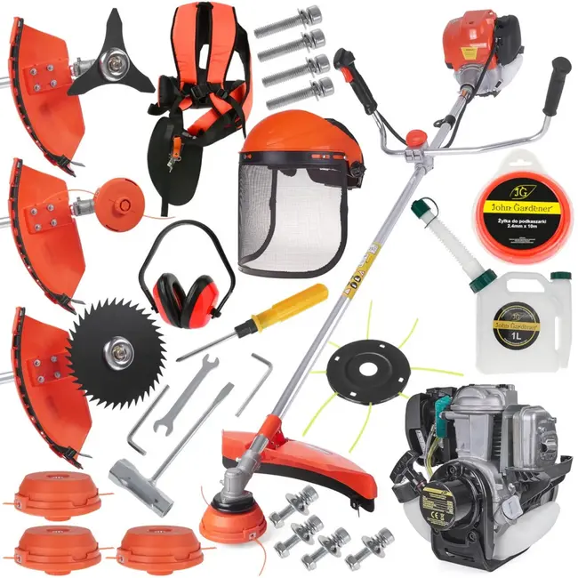 John Gardener 4-takt benzine bosmaaier 37,7cc met 3-tands mes, zaagblad, trimmerkop en veiligheidsuitrusting