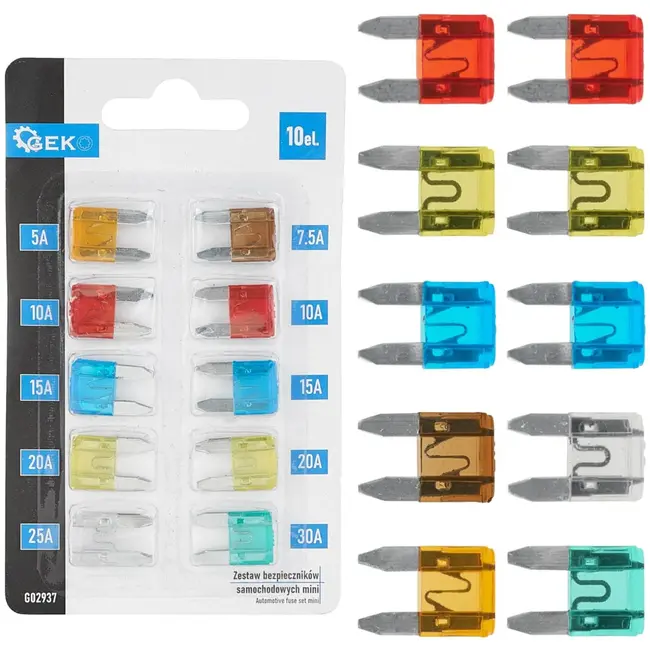 GEKO Mini zekeringenset - 10 stuks - Diverse ampères - Kleurgecodeerd - Voor voertuigen