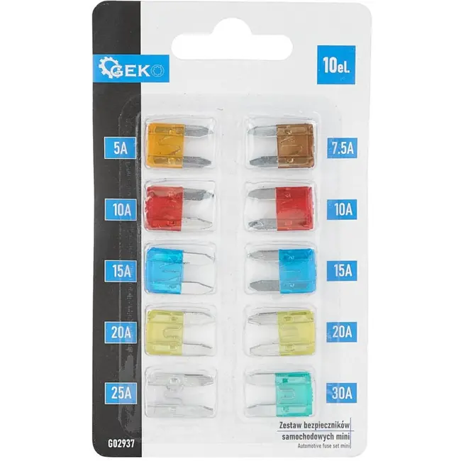GEKO Mini zekeringenset - 10 stuks - Diverse ampères - Kleurgecodeerd - Voor voertuigen