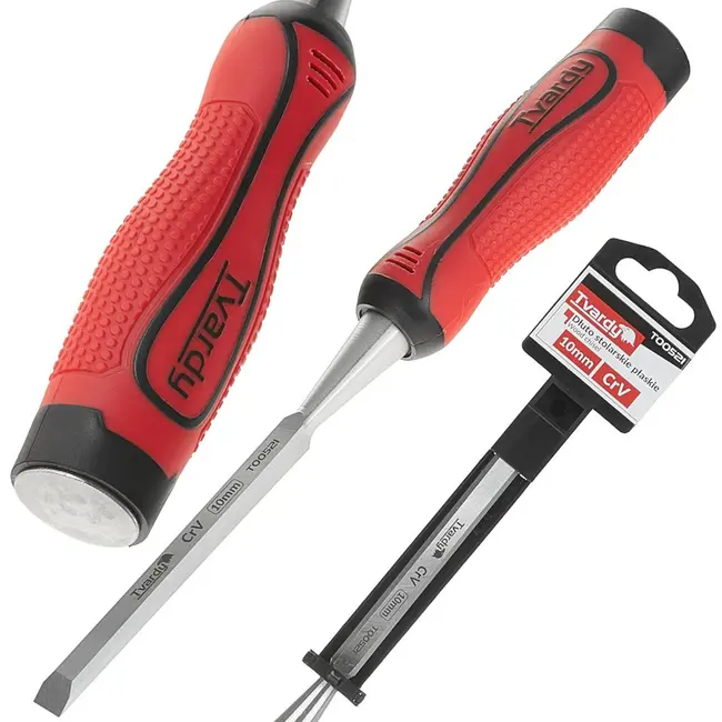 Tvardy Platte houtbeitel - 10 mm - CrV staal - Ergonomische grip - Stalen slagkap