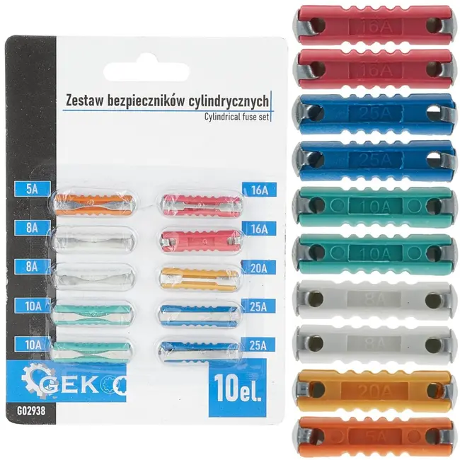 GEKO Cilindrische zekeringenset - 10 stuks - Diverse ampères - Bescherming tegen overspanning en kortsluiting