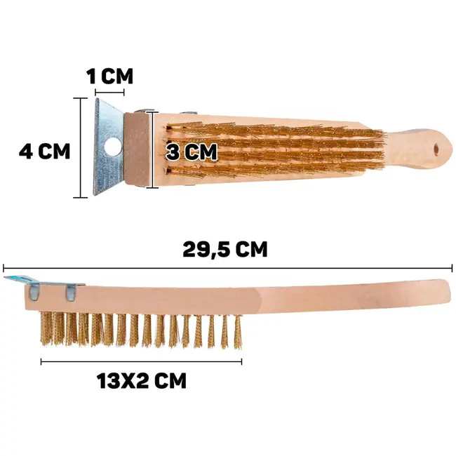 GEKO 4-rijen staalborstel met schraper - Roestverwijdering - Houten handvat - Compact ontwerp - 29,5 cm