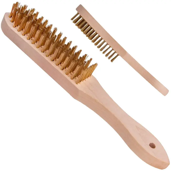 GEKO Zesrijige roestverwijderingsborstel - Houten handvat - Messing gecoat staal - 13,5 x 3 cm werkoppervlak