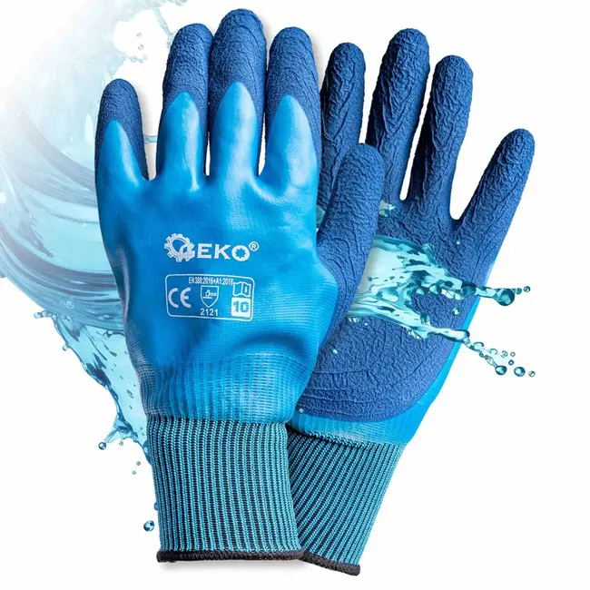 GEKO Waterdichte werkhandschoenen - Polyester latex - Maat 10 - Blauw - Elastische manchet - 12 stuks