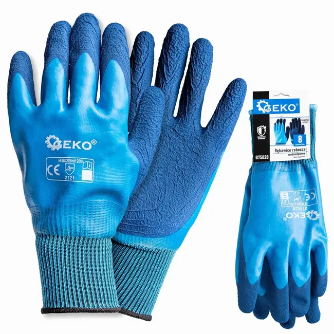 GEKO Waterdichte werkhandschoenen - Polyester/Latex - Maat 8 - Blauw - Elastische manchet - 12 stuks