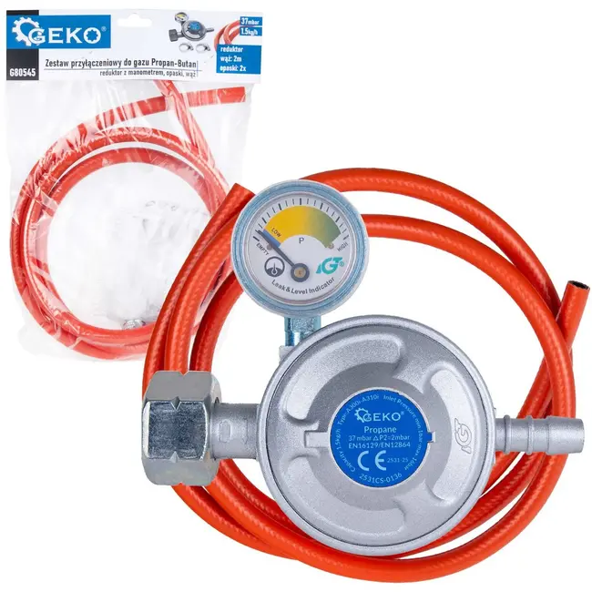 GEKO Gas aansluitset - drukregelaar met manometer - 2m slang - 37 mbar - veelzijdig gebruik