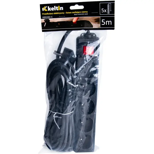 Keltin Zwarte verlengsnoer met schakelaar - 5 stopcontacten - 5 meter - Geaard - Veiligheidsschakelaar
