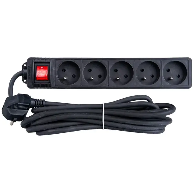 Keltin Zwarte verlengsnoer met schakelaar - 5 stopcontacten - 5 meter - Geaard - Veiligheidsschakelaar