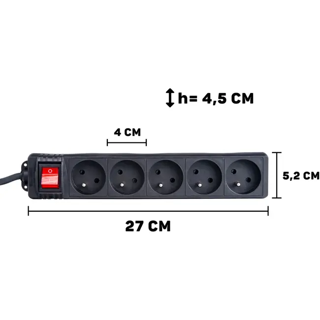 Keltin Zwarte verlengsnoer met schakelaar - 5 stopcontacten - 5 meter - Geaard - Veiligheidsschakelaar