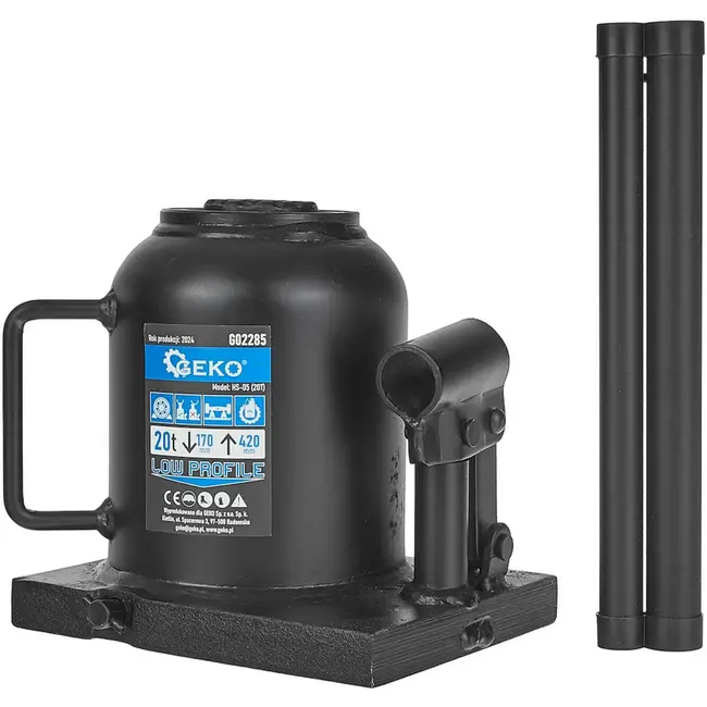 GEKO Hydraulische fleskrik - laag profiel - 20T - twee-traps zuiger - compact ontwerp