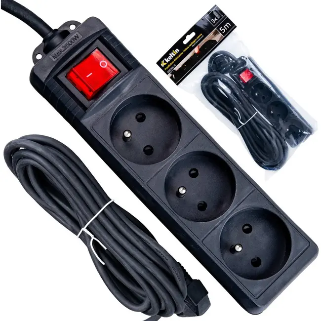 Keltin Zwarte verlengsnoer - 3 stopcontacten - 5m - Met schakelaar - Veilig en flexibel