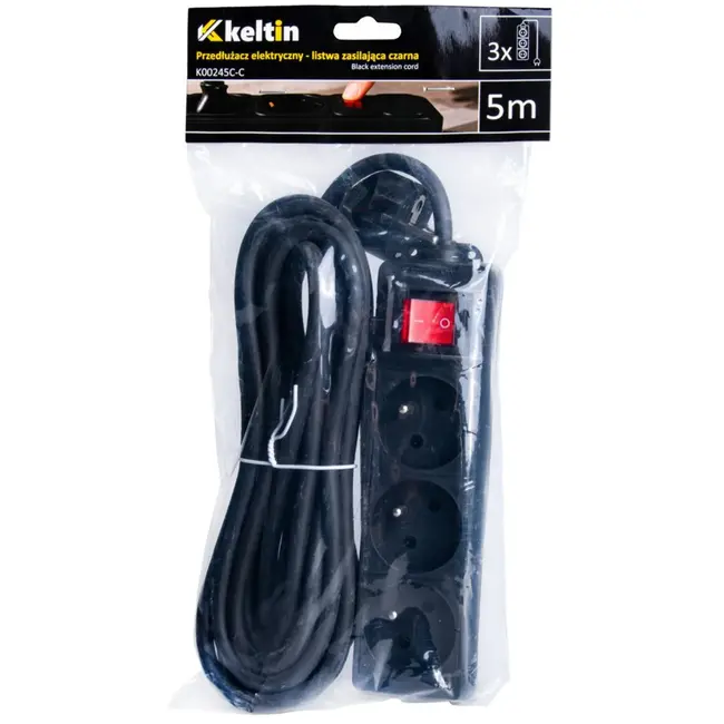 Keltin Zwarte verlengsnoer - 3 stopcontacten - 5m - Met schakelaar - Veilig en flexibel