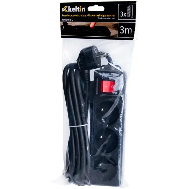 Keltin Verlengsnoer met schakelaar - 3 stopcontacten - 3 meter - zwart