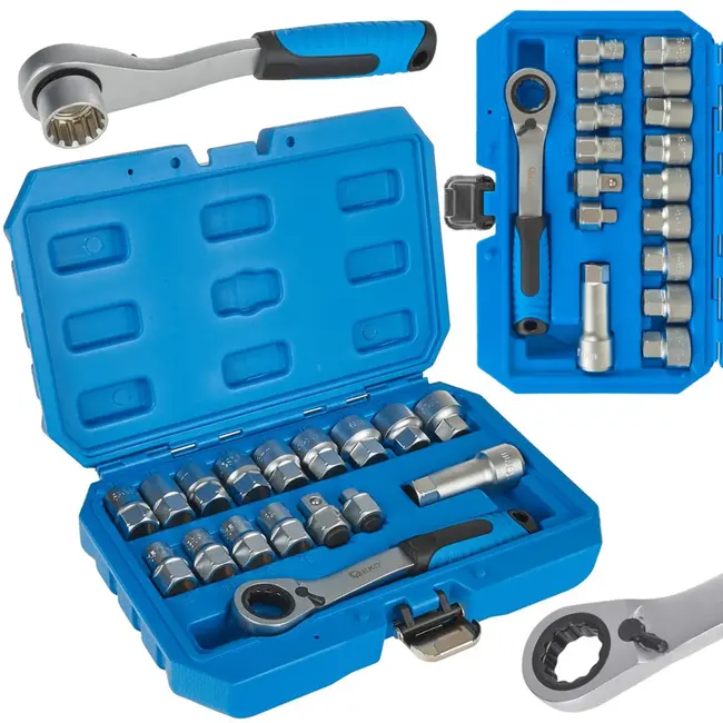 GEKO 17-delige spline dopsleutelset - CrV staal - Met ratel en adapters - 10-24 mm