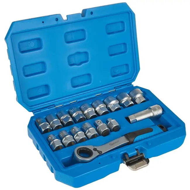 GEKO 17-delige spline dopsleutelset - CrV staal - Met ratel en adapters - 10-24 mm