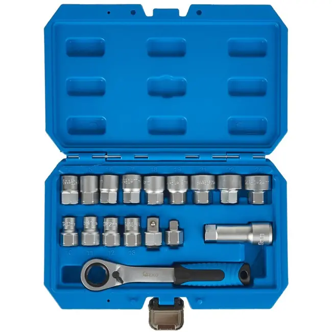 GEKO 17-delige spline dopsleutelset - CrV staal - Met ratel en adapters - 10-24 mm