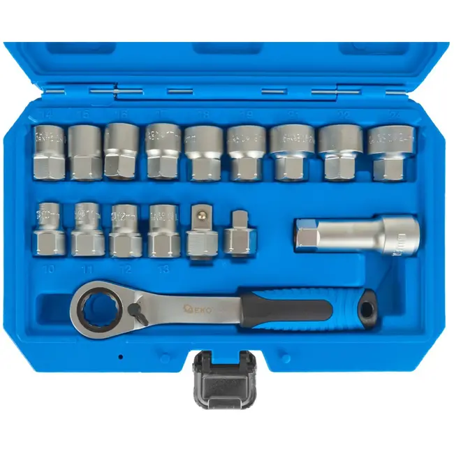 GEKO 17-delige spline dopsleutelset - CrV staal - Met ratel en adapters - 10-24 mm