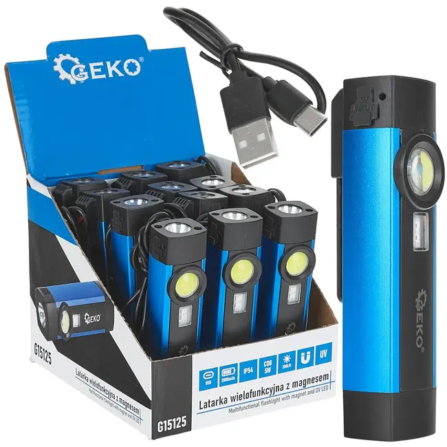 GEKO Multifunctionele zaklamp - UV LED - magnetisch - 300 lumen - IP54 - 2000mAh batterij - 12 stuks