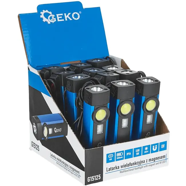 GEKO Multifunctionele zaklamp - UV LED - magnetisch - 300 lumen - IP54 - 2000mAh batterij - 12 stuks
