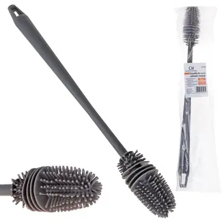 GEKO Siliconen flesborstel - Lang handvat - Grijs - Flexibele borstelharen - 31 cm