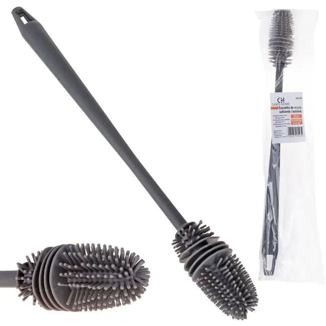 GEKO Siliconen flesborstel - Lang handvat - Grijs - Flexibele borstelharen - 31 cm