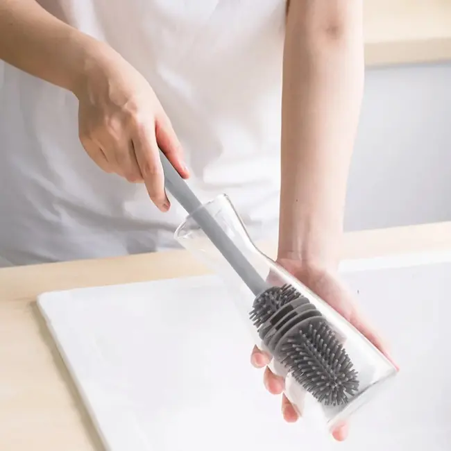 GEKO Siliconen flesborstel - Lang handvat - Grijs - Flexibele borstelharen - 31 cm