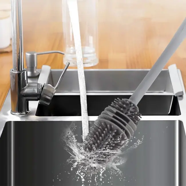 GEKO Siliconen flesborstel - Lang handvat - Grijs - Flexibele borstelharen - 31 cm