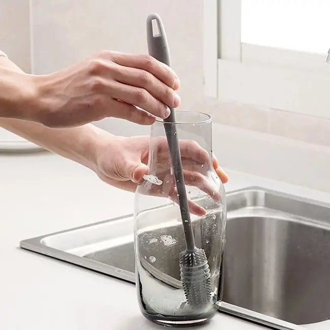 GEKO Siliconen flesborstel - Lang handvat - Grijs - Flexibele borstelharen - 31 cm