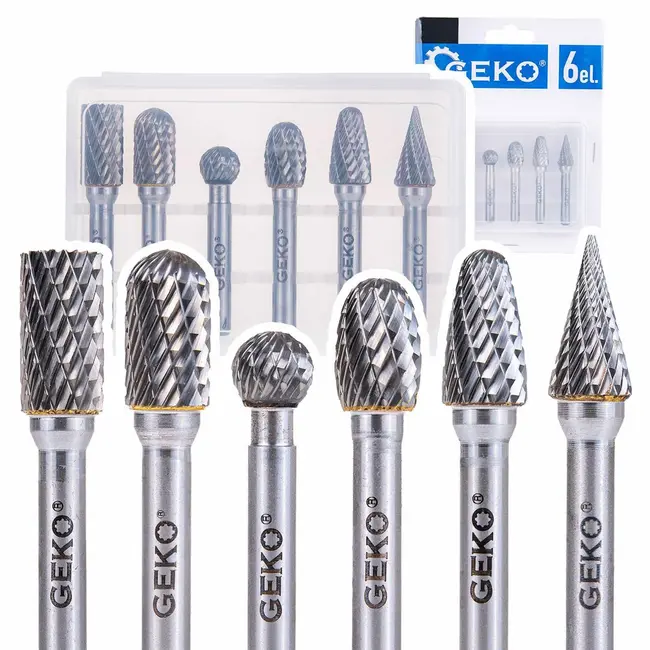 GEKO Tungsten carbide frezenset - 6 stuks - veelzijdige vormen - hoge duurzaamheid - 6 mm schacht