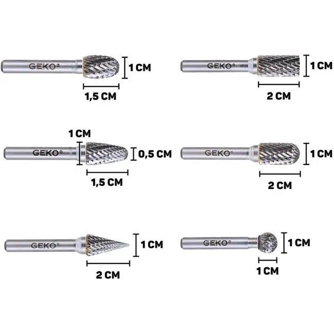 GEKO Tungsten carbide frezenset - 6 stuks - veelzijdige vormen - hoge duurzaamheid - 6 mm schacht
