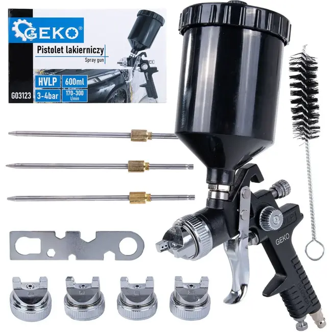 GEKO HVLP verfspuitpistool - 4 verwisselbare nozzles - 600 ml capaciteit - 3-4 bar werkdruk