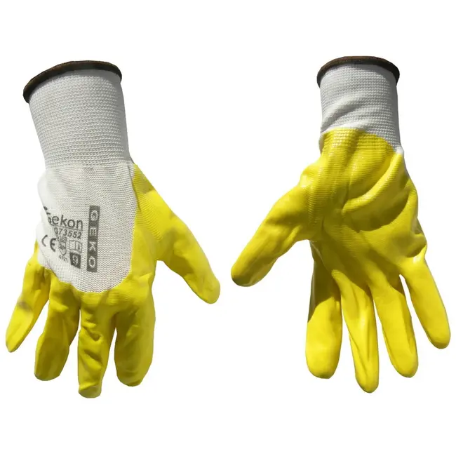 GEKO Katoenen werkhandschoenen - nitril coating - maat 9 - geel/wit - 12 stuks