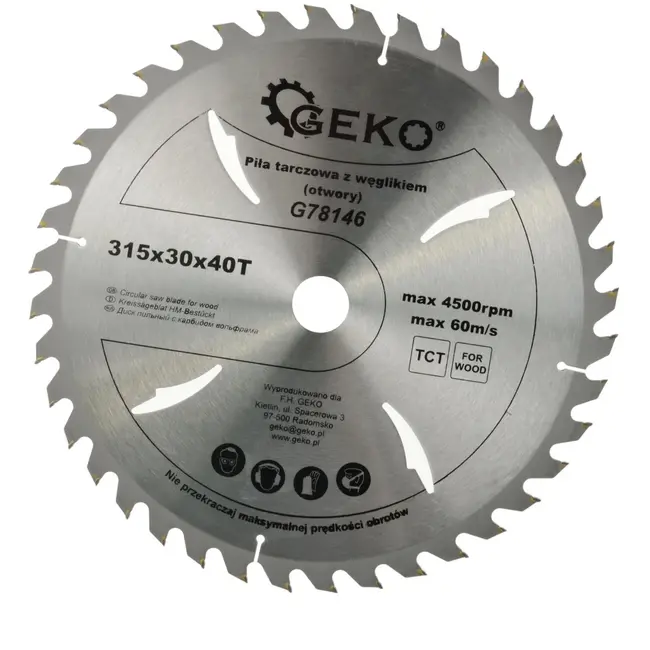 GEKO Cirkelzaagblad - Houtbewerking - 315 mm - Koelgaten - 40 Tanden