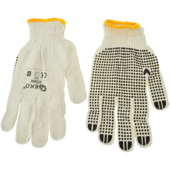 GEKO Witte katoenen werkhandschoenen met zwarte PVC-stippen - universele maat - 12 stuks