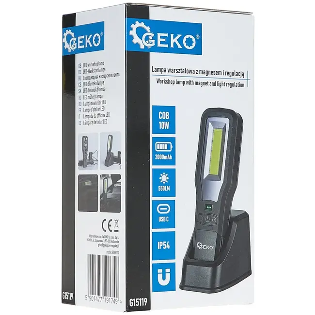 GEKO Multifunctionele LED werkplaatslamp - Magnetische basis - 2000mAh powerbank - 550lm - IP54
