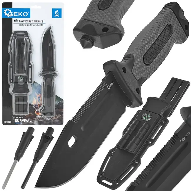 GEKO Tactisch mes - Clip point - Met kompas en vuurstarter - 275 mm - Zwart