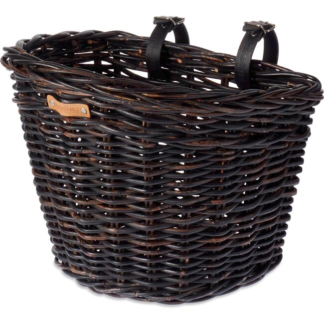 Basil Rotan fietsmand - halfrond - groot formaat - zwart - met lederen riempjes