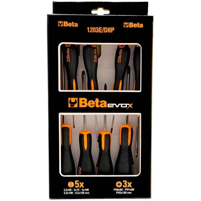 Beta Evox schroevendraaierset - 8-delig - Ergonomisch - Platte en kruiskop - Duurzaam ontwerp