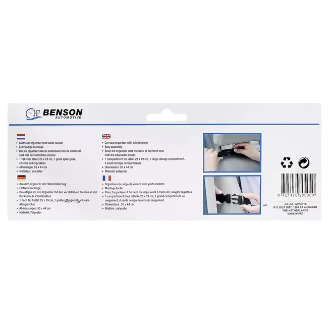Benson Autostoel organizer met tablet houder - Veelzijdig - Duurzaam polyester - 55x44 cm