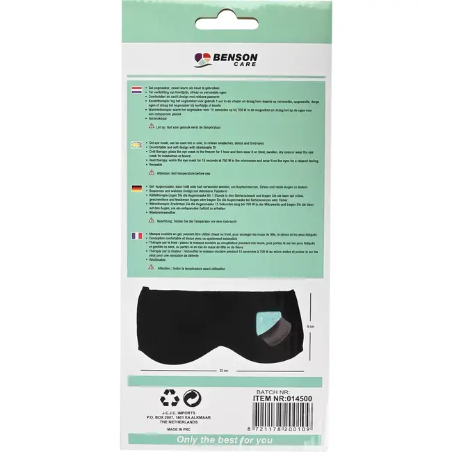 Benson Gel oogmasker - Warmte en koudetherapie - Herbruikbaar en comfortabel - 21x11 cm