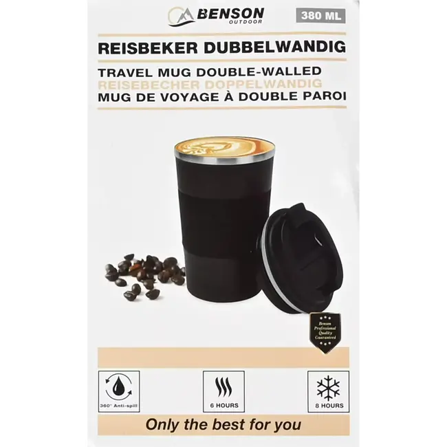 Benson Dubbelwandige reisbeker - RVS - Anti-lek - Siliconen grip - 380 ml