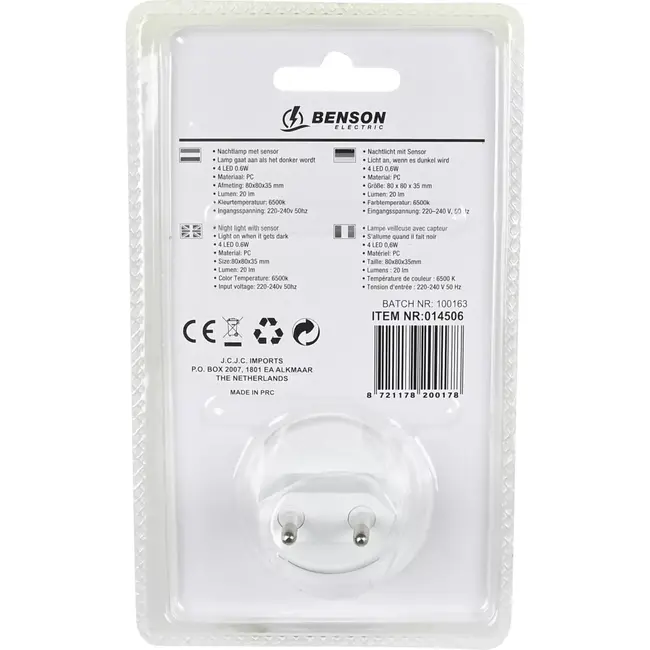 Benson LED nachtlamp met sensor - 4 LED's - 20 lumen - 6500K - 80x80x35 mm