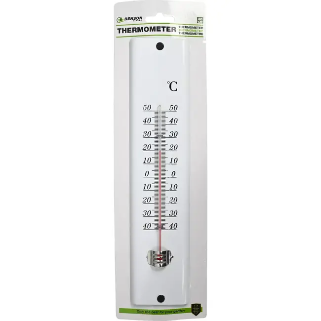 Benson Witte metalen thermometer - 30 cm - Celsius & Fahrenheit - Voor binnen en buiten - Inclusief ophangoog