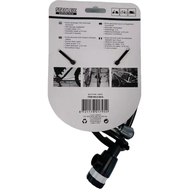 Benson Kabelslot - Extra Beveiligd - Stootvast Kunststof - 2 m - ø 10 mm - Inclusief 3 Sleutels