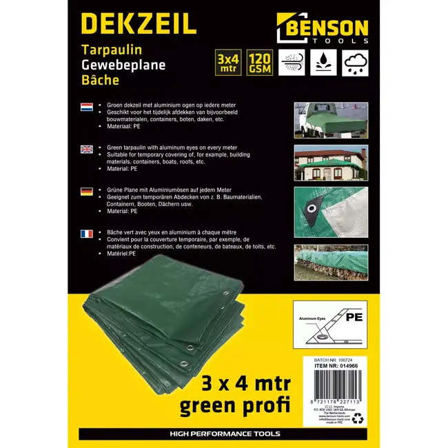 Benson Groen dekzeil 3x4 m - robuust mesh - PE 120GSM - versterkte hoeken